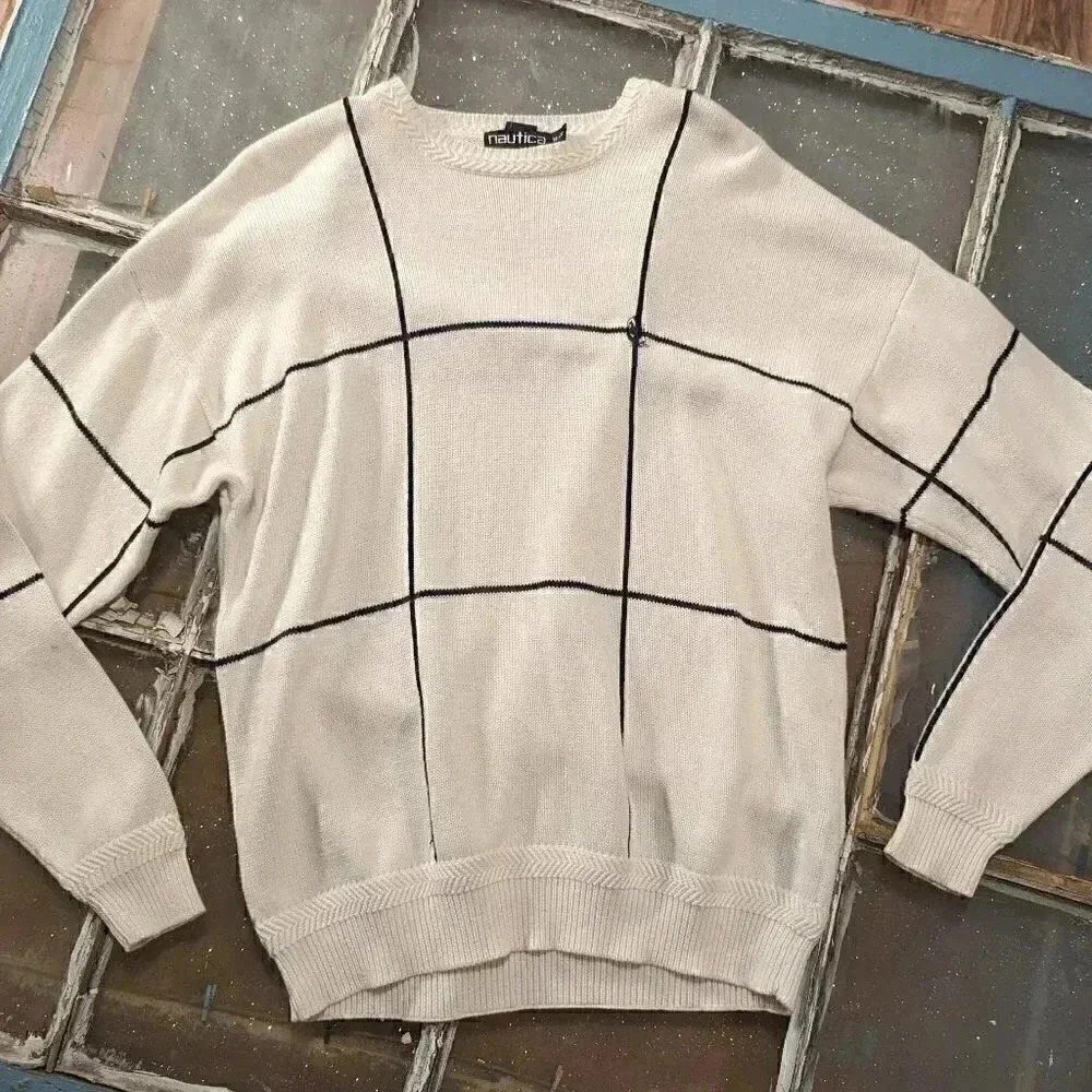 Vintage Nautica Men's Sweater Size M White with Blue Stripes